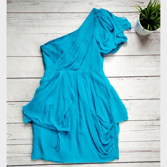 NWT TIBI One Shoulder Silk Chiffon Draped Cocktail Dress Turquoise 2 - Picture 4 of 8
